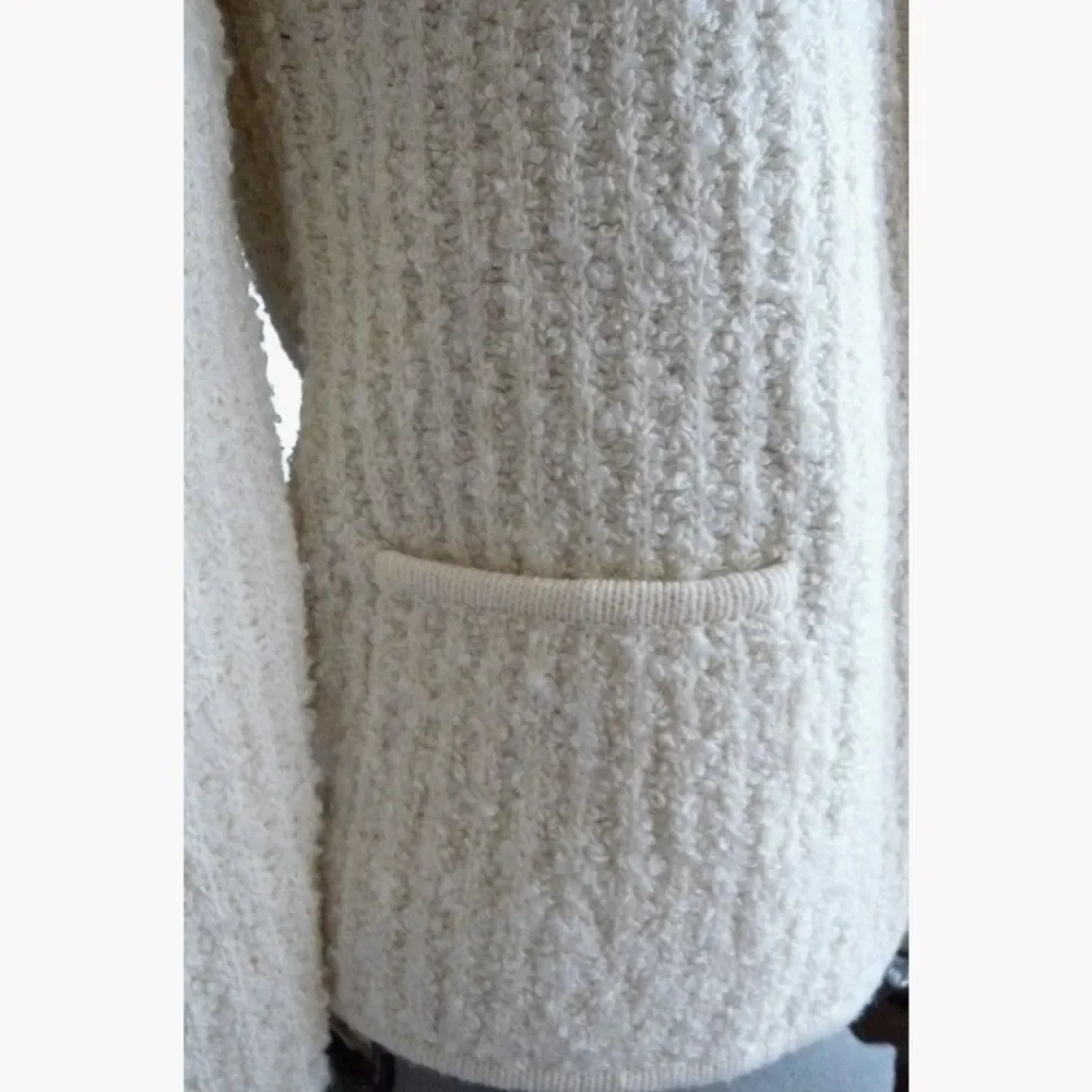 Vintage Cream Boucle Knit Open Front Elegant Edge Trim Cardigan Jacket M